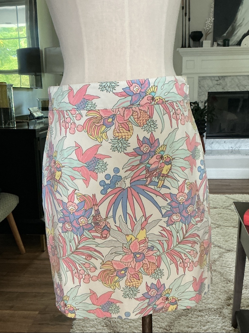Talbots Cream Pencil Skirt with Pastel Floral & Bird Print